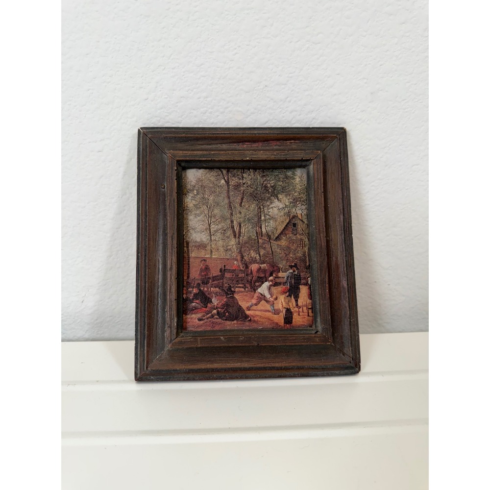 Vintage Rustic Framed Art Print Dutch Style Tavern Scene Distressed Wood Frame